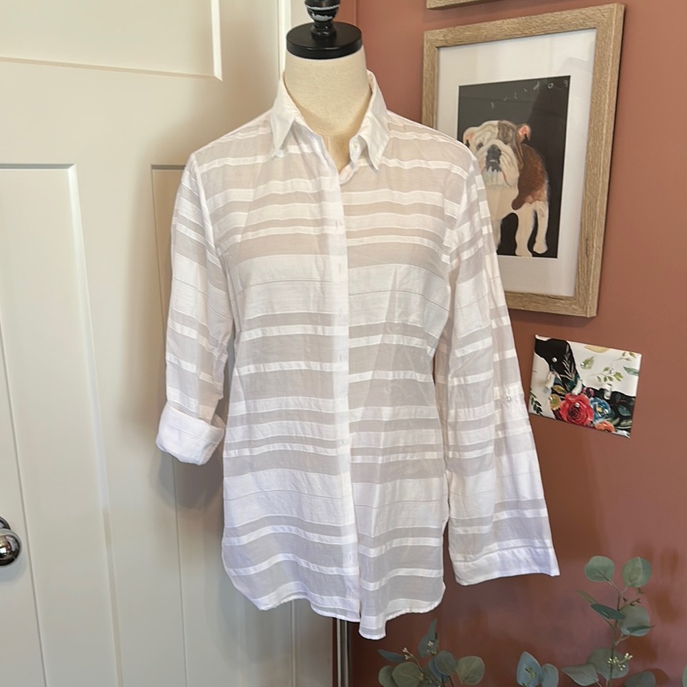 Anne Fontaine Lany White sheer striped pattern Button-Up 10 rolled sleeve Shirt